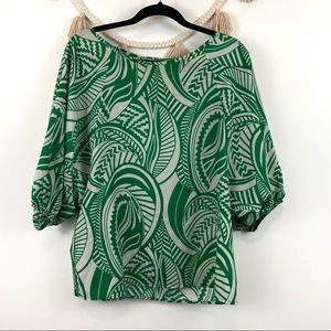 Abbeline Bat Wing Green Leaf Print Top SZ M
